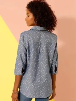 Chemisier aspect denim motif papillon col chemise manches 3/4