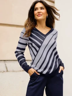 Pull à encolure en v motif à rayures mode