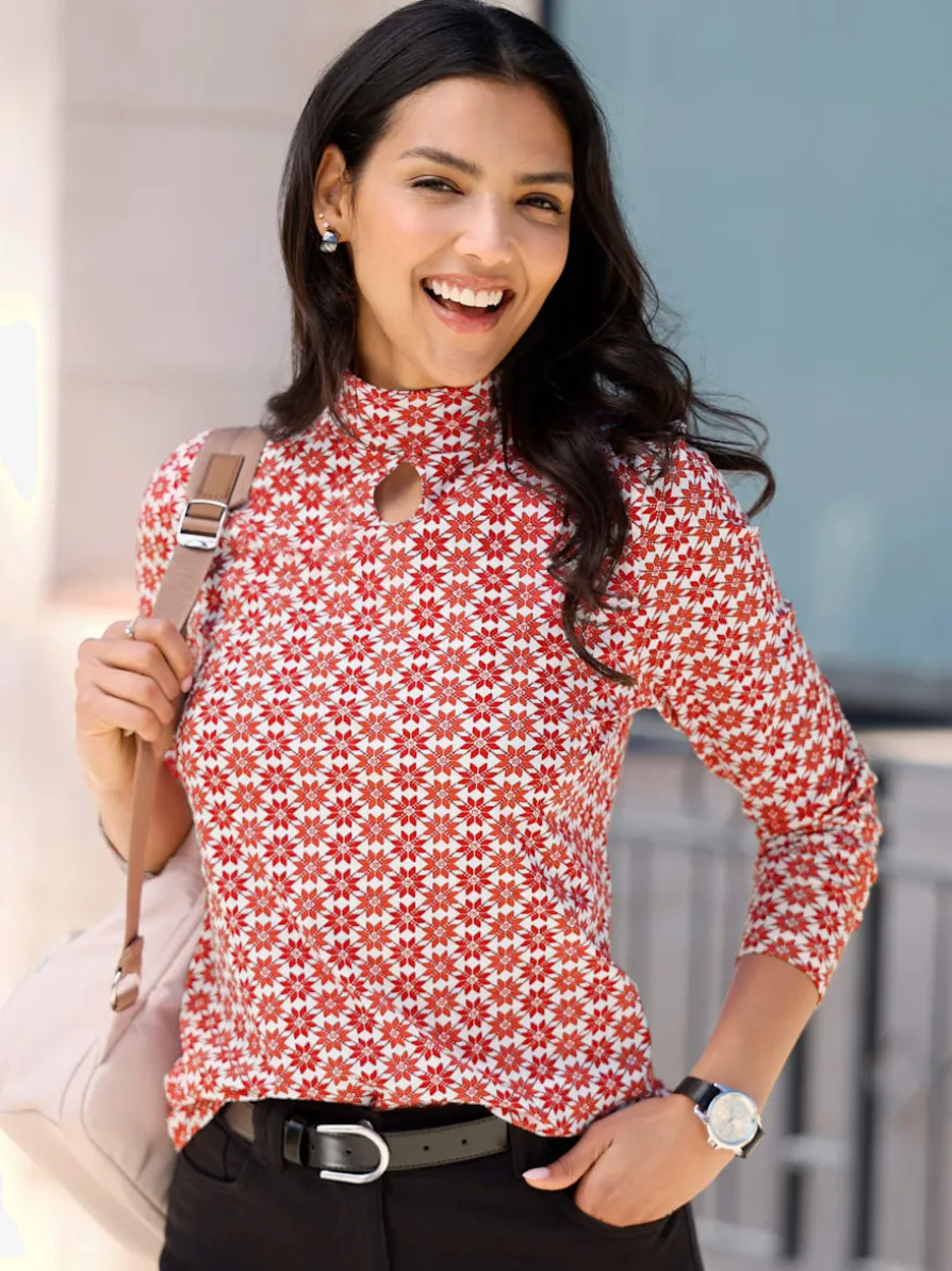 T-shirt à col montant col montant tendance avec fente en forme de goutte