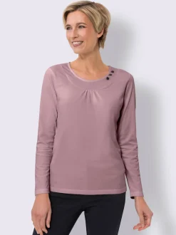 T-shirt à encolure ronde bordure avec boutons décoratifs devant