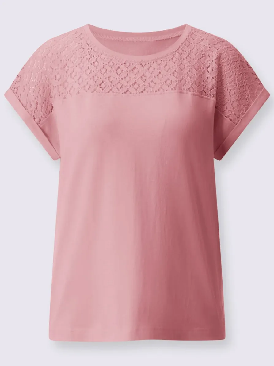 T-shirt à encolure ronde éléments en dentelle légèrement transparente