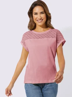 T-shirt à encolure ronde éléments en dentelle légèrement transparente