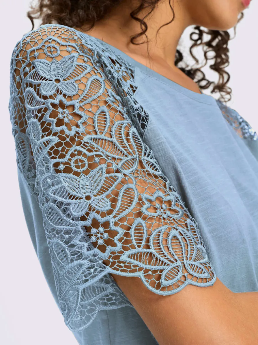 T-shirt à encolure ronde manches en dentelle