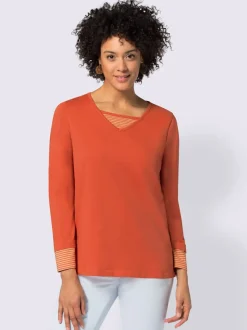 T-shirt en coton empiècements rayés effet 2 en 1 col en v manches longues