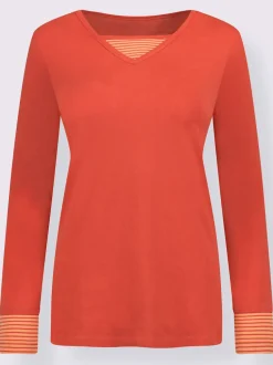 T-shirt en coton empiècements rayés effet 2 en 1 col en v manches longues