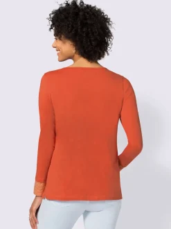 T-shirt en coton empiècements rayés effet 2 en 1 col en v manches longues