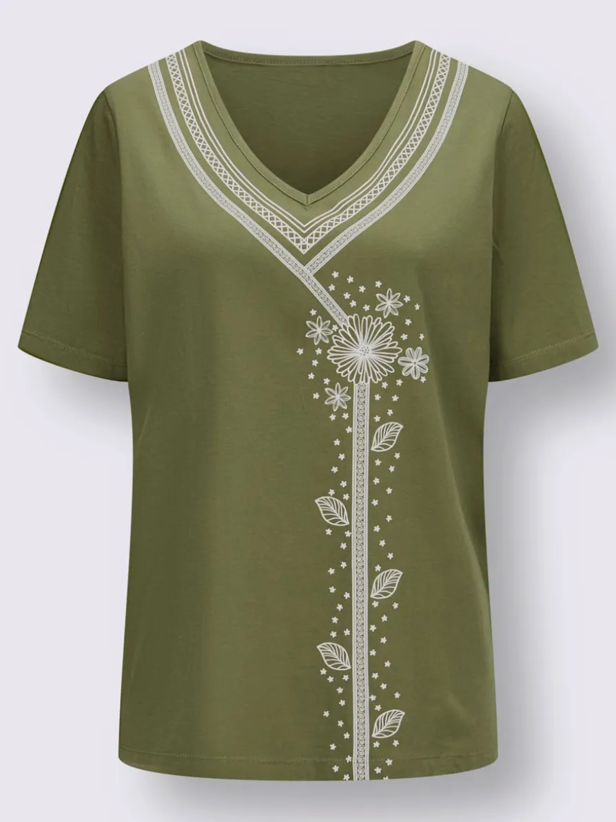 T-shirt en v imprimé floral, aspect broderie