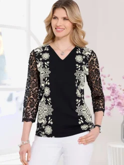 T-shirt en v manches 3/4 en dentelle