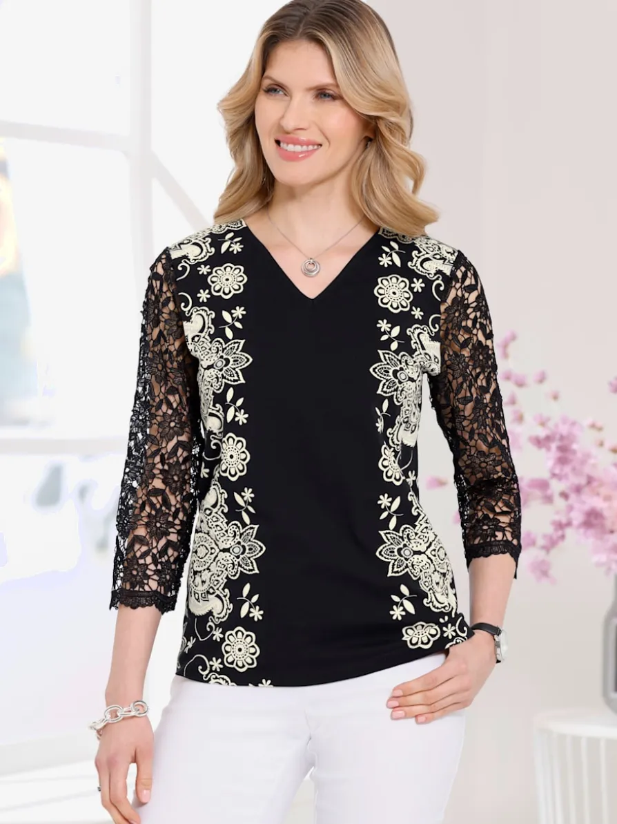 T-shirt en v manches 3/4 en dentelle