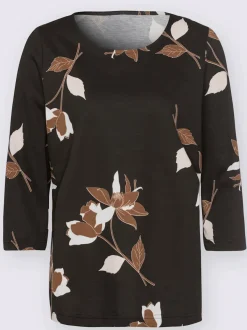 T-shirt femme ample motif floral col rond manches 3/4